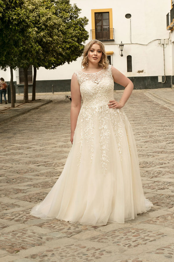 Plus size wedding dress 18-24. Lace illusion neckline with soft tulle skirt.
