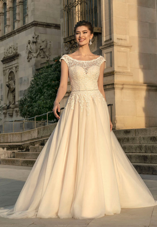 Agnes Bridal wedding dress, Full tulle skirt with delicate lace illusion neckline, optional belt.