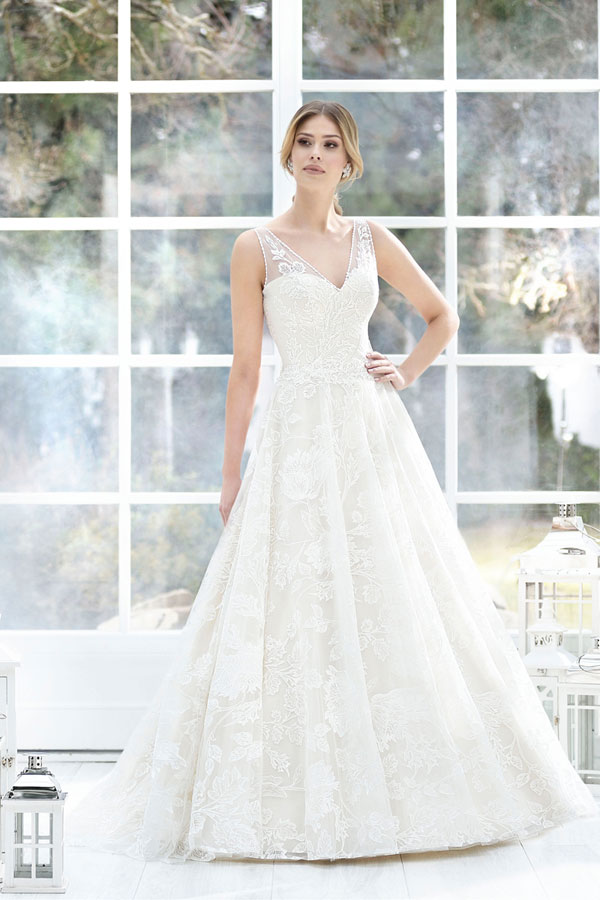 Embroidered lace A Line wedding dress with v-neck