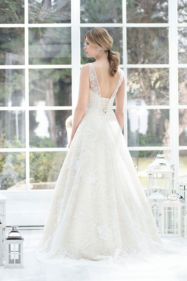 Embroidered lace A Line wedding dress with v-neck