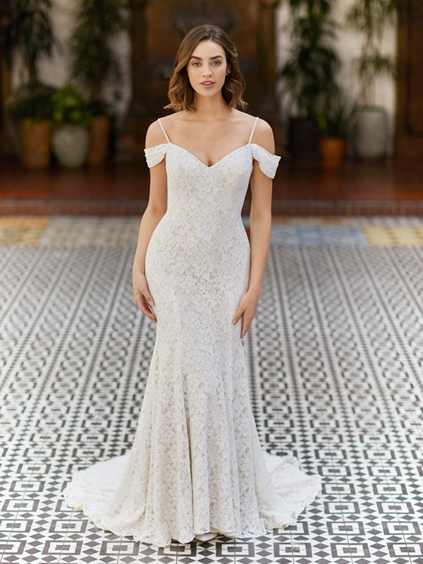 All over Alencon lace, fitted style with off the shoulder Ella Rosa design