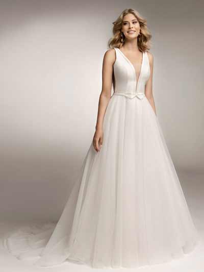 structured satin bodice with a plunging neckline with a contrasting soft flowing tulle skirt