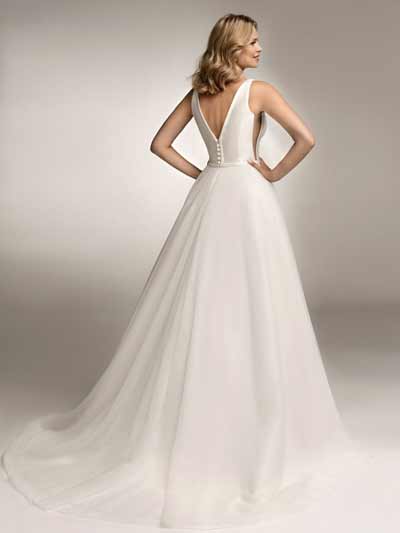 structured satin bodice with a plunging neckline with a contrasting soft flowing tulle skirt